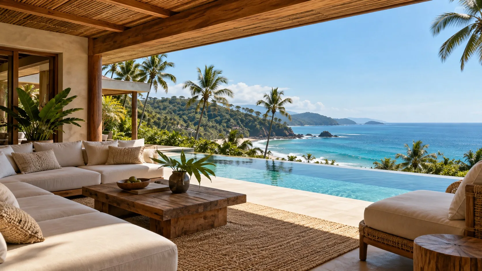 Illustrative tropical villa with an infinity pool and ocean view
